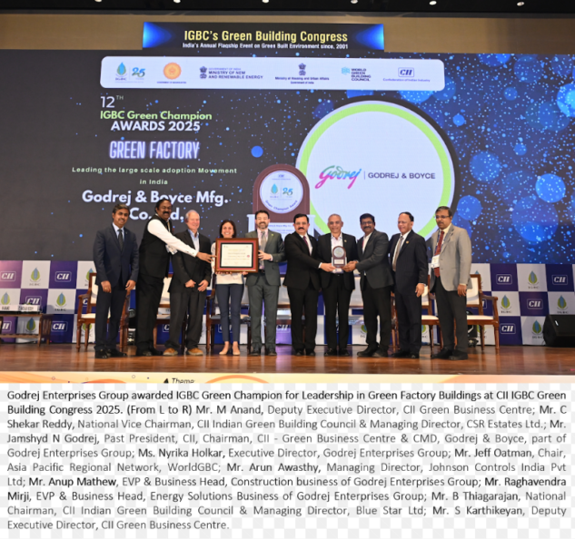 Godrej Enterprises Group awarded IGBC Green Champion for Leadership in Green Factory Buildings at CII IGBC Green Building Congress 2025