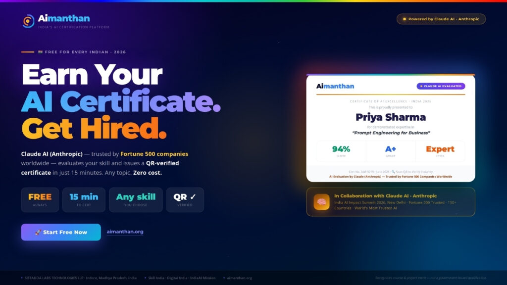 Aimanthan Launches India’s First Free AI Certification Platform Powered by Claude AI from Anthropic, Bridging the Nation’s AI Skills Gap