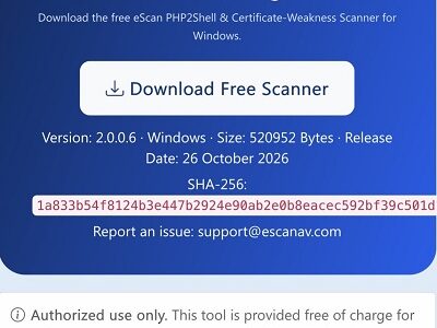eScan Releases Free Scanner to Help Organisations find PHP2Shell and Weak-Certificate Exposure Before Attackers Do